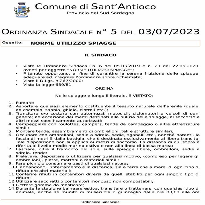 Sant'Antioco ordinanza sindaco spiagge